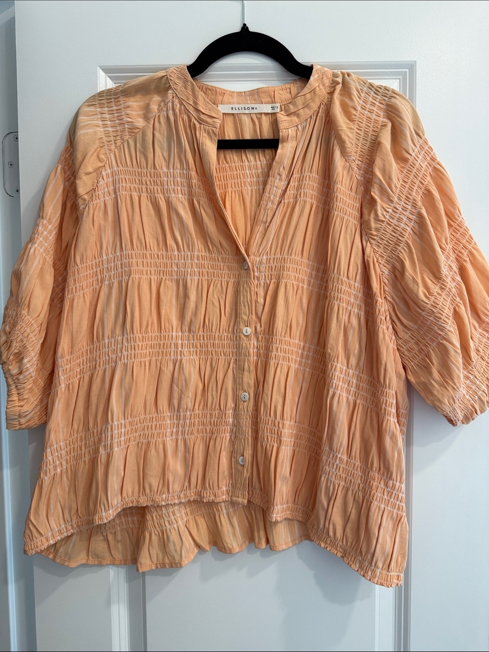 Ellison Peach Ruched Button-Front Peasant Top